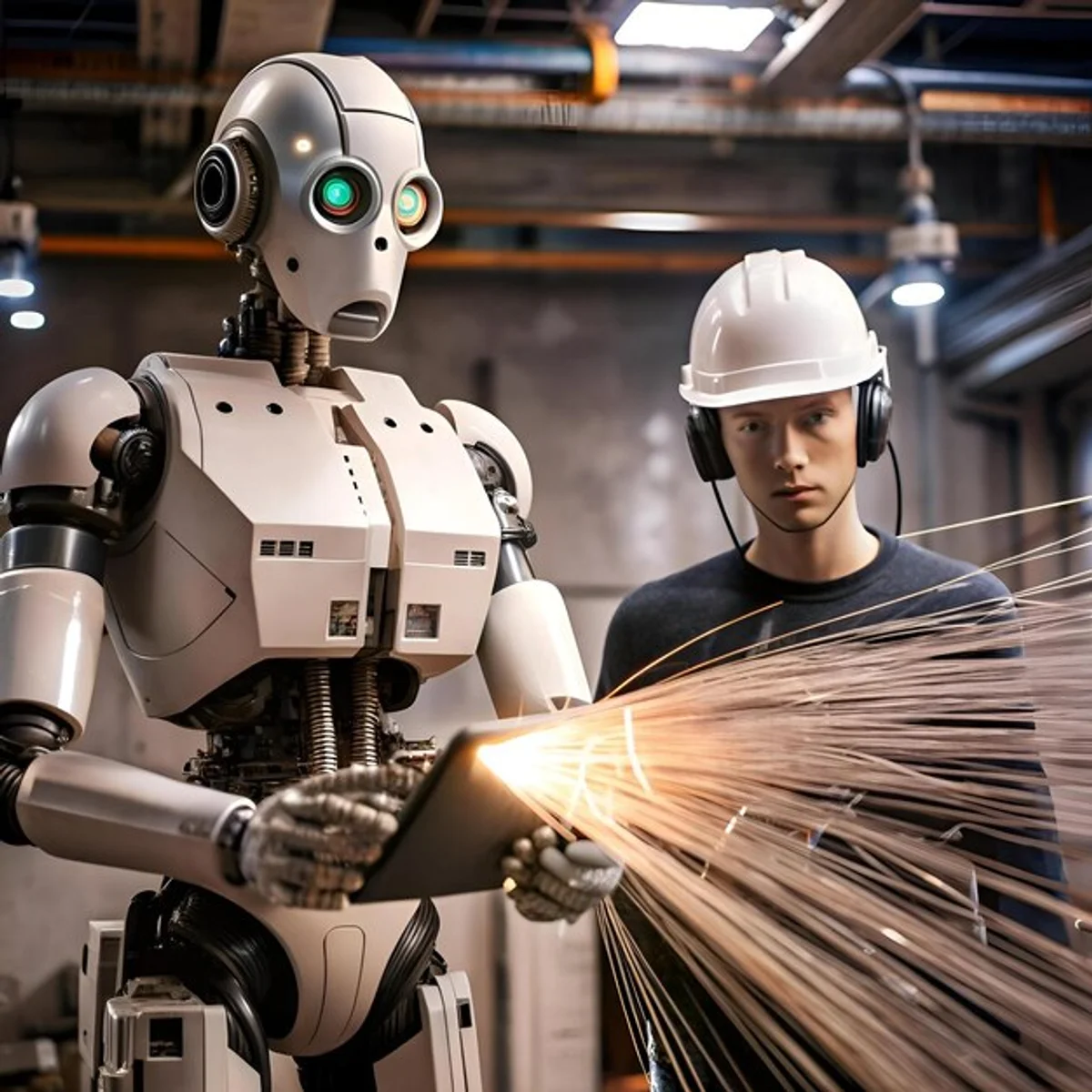 factory worker collaborating with artificial intelligence