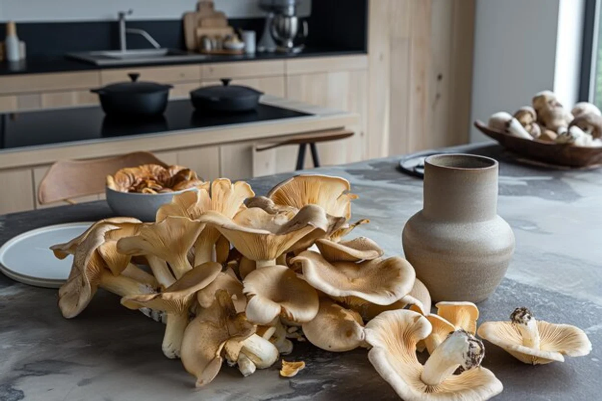 fresh wild mushrooms on kitchen counter