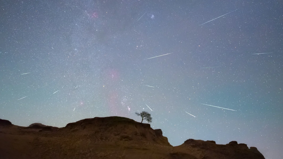 meteor streak above czech countryside orion constellation