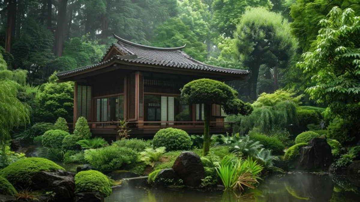 traditional japanese tea house with garden tranquil
