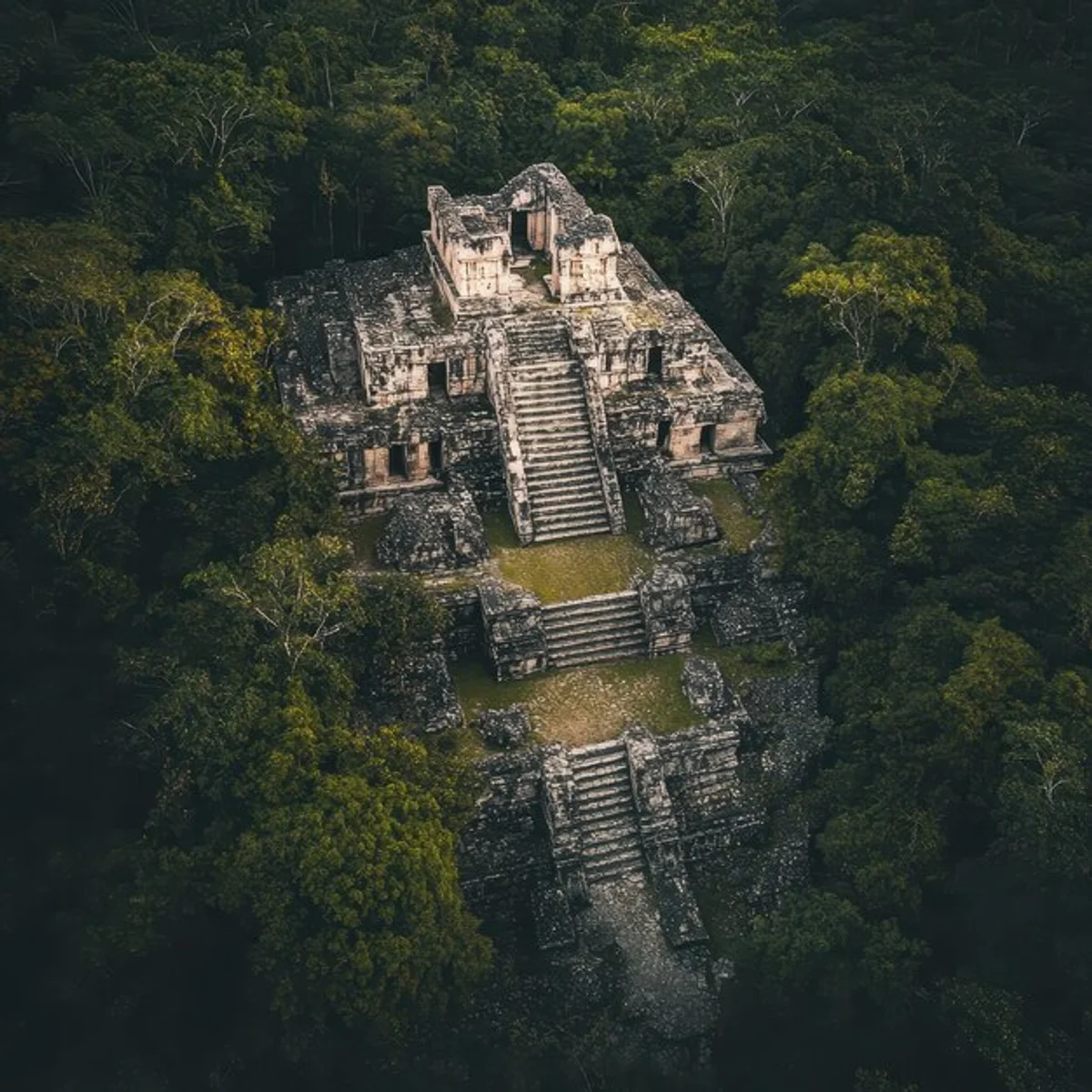 ancient maya city ruins jungle drone view