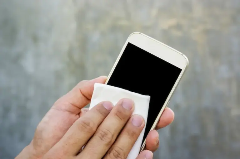 microfiber cloth cleaning phone screen detail