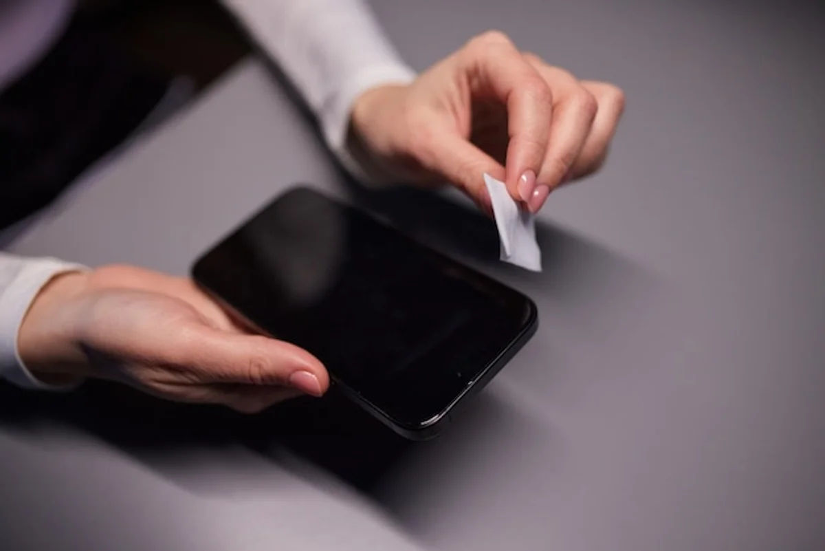 hand cleaning phone screen with microfiber cloth
