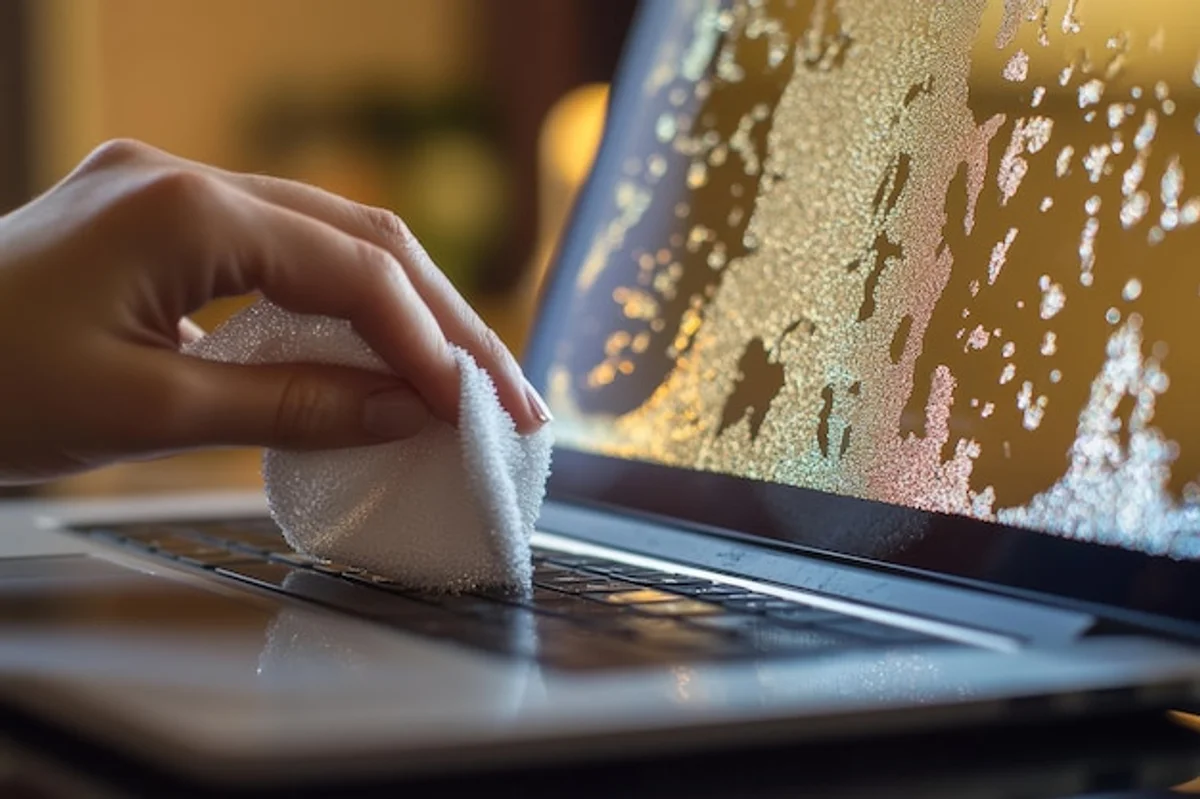cleaning computer monitor with microfiber cloth close up