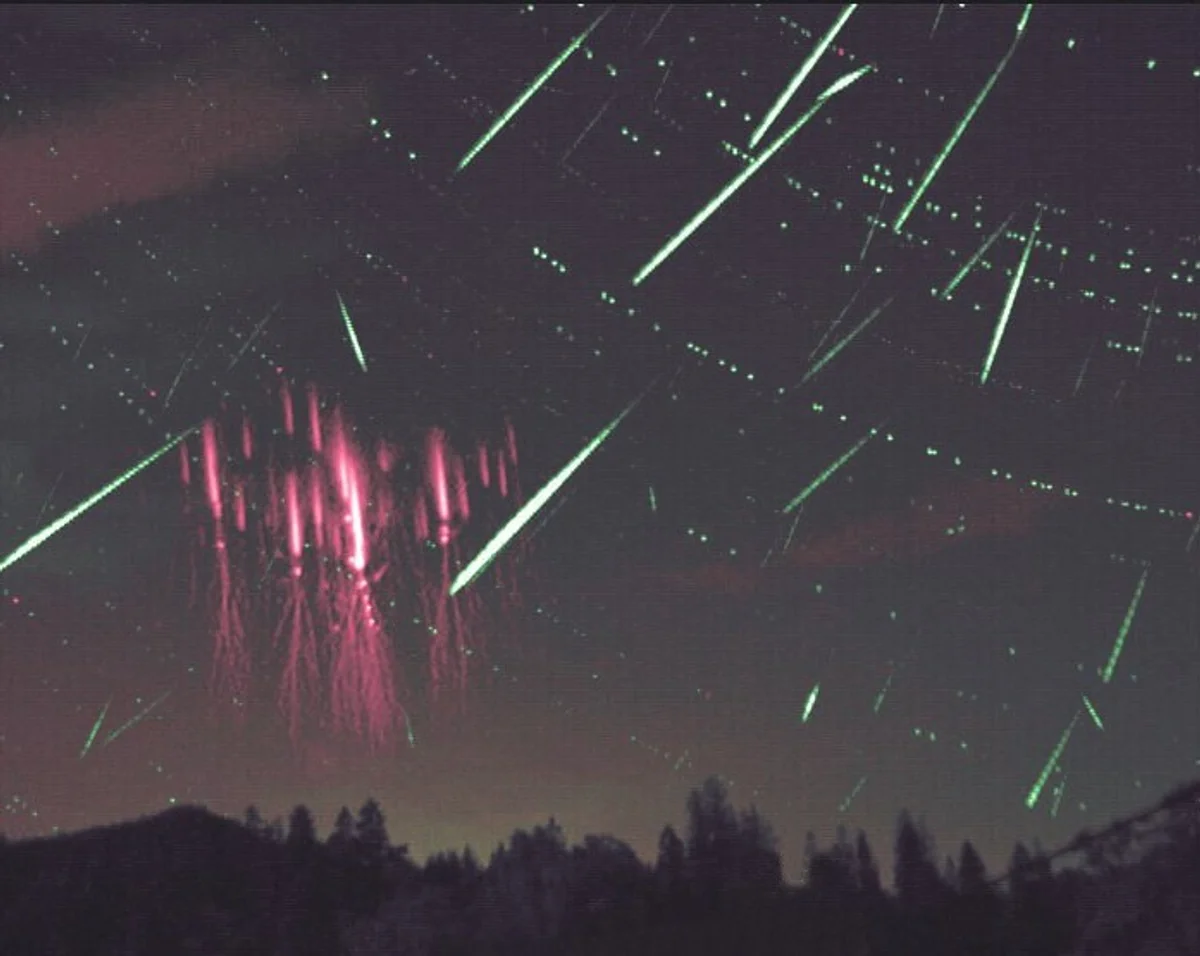 meteor shower over Czech mountains night sky