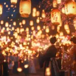 Japanese autumn festival crowds lanterns night