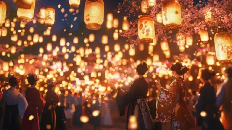 Japanese autumn festival crowds lanterns night