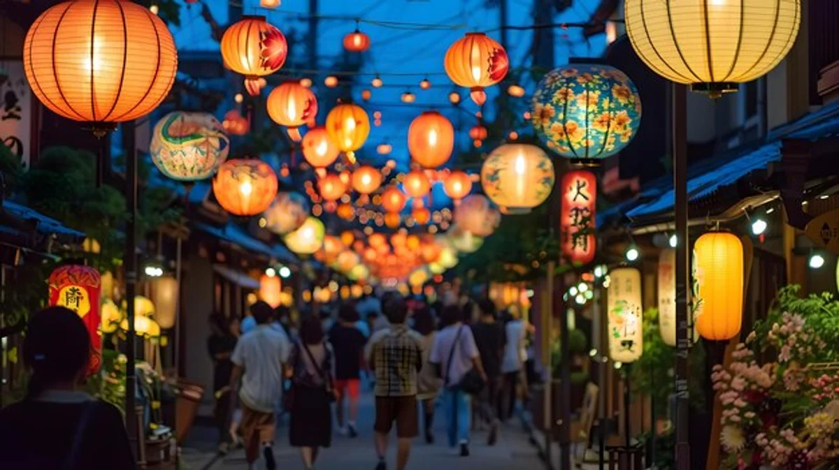 japanese autumn festival lanterns crowds night