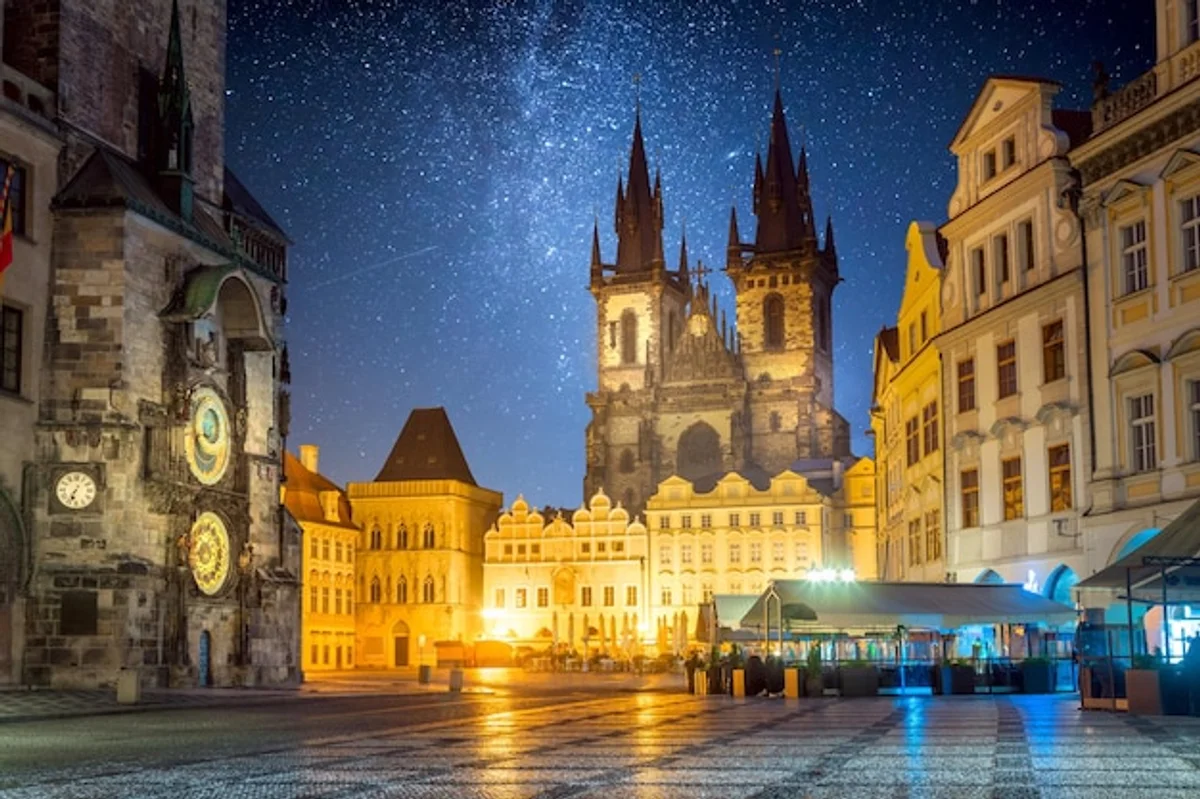 starry night sky above city czech republic time concept
