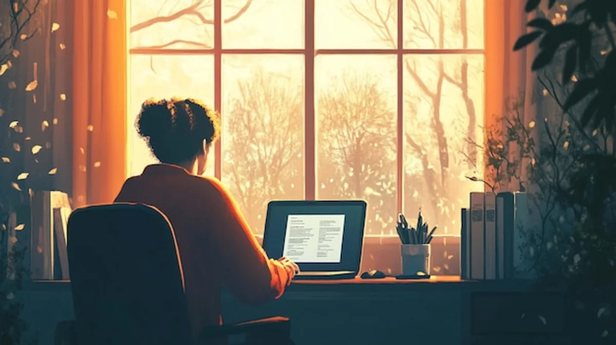 autumn morning focused woman window work